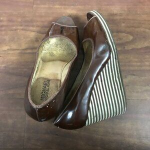 Women's Well Worn Brown Leather High Heels Wedges Peep Toe Sandals Size 7.5